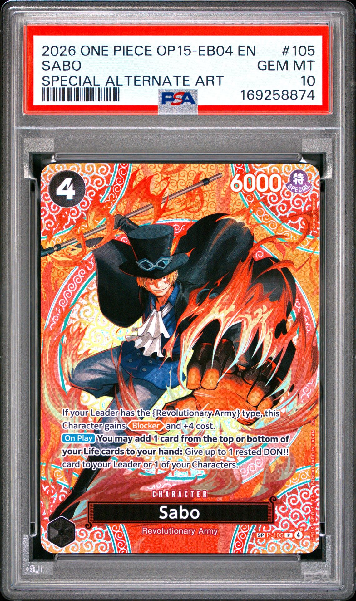 2026 One Piece Op15-Eb04-Adventure On Kami's Island Sabo #105 (Special Alternate Art) Gem Mt 10 front view - PSA graded GEM MT 10