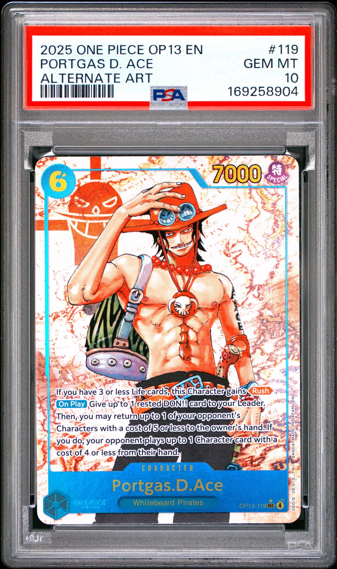 2025 One Piece Op13-Carrying On His Will Portgas D. Ace #119 (Alternate Art) Gem Mt 10 front view - PSA graded GEM MT 10