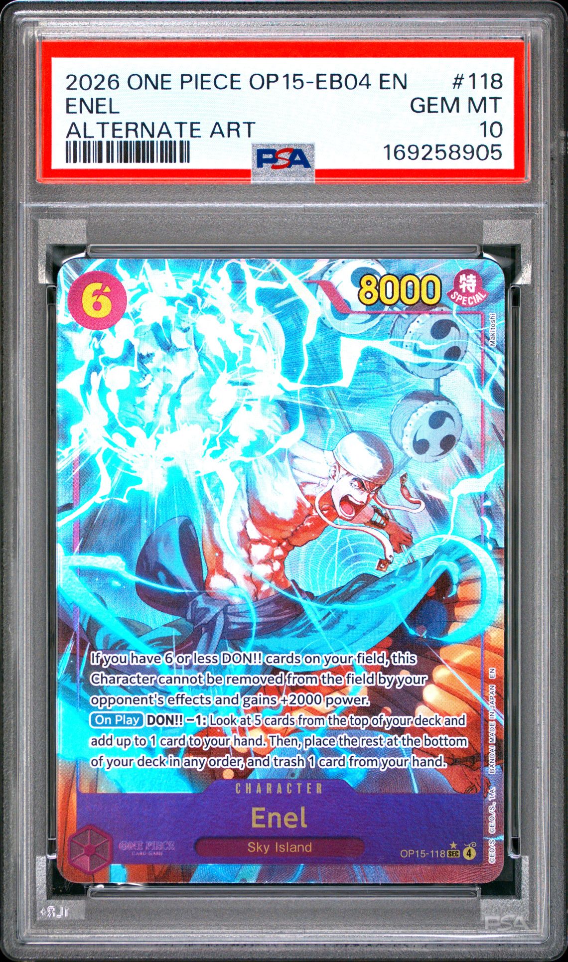 2026 One Piece Op15-Eb04-Adventure On Kami's Island Enel #118 (Alternate Art) Gem Mt 10 front view - PSA graded GEM MT 10