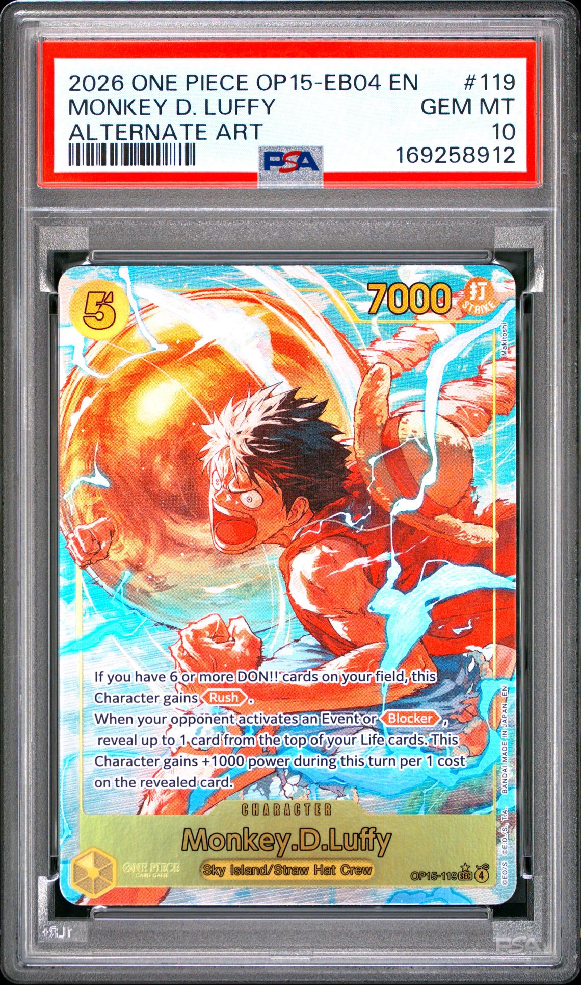 2026 One Piece Op15-Eb04-Adventure On Kami's Island Monkey D. Luffy #119 (Alternate Art) Gem Mt 10 front