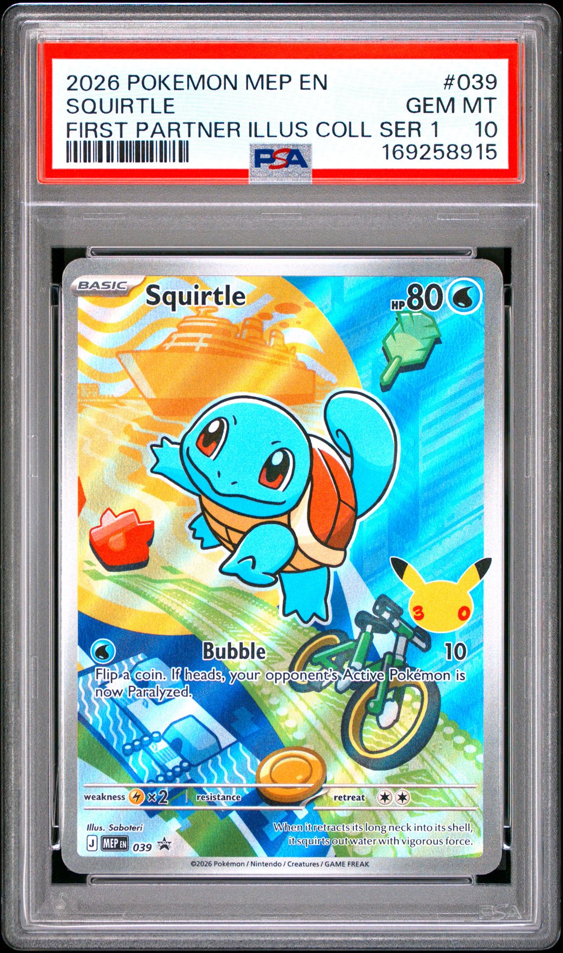 2026 Pokemon Mep En-Me Black Star Promo Squirtle #039 (First Partner Illus Coll Ser 1) Gem Mt 10 front view - PSA graded GEM MT 10