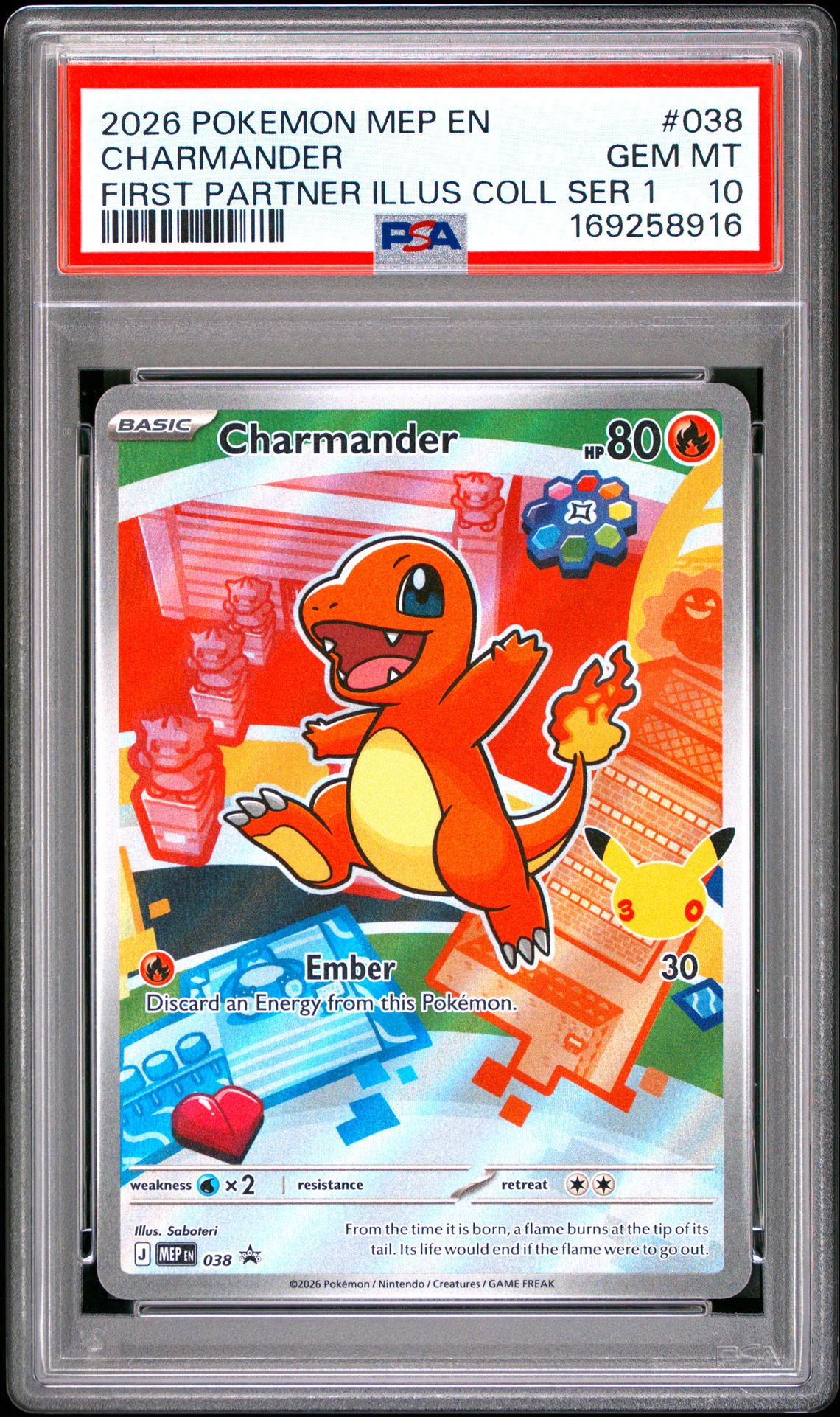 2026 Pokemon Mep En-Me Black Star Promo Charmander #038 (First Partner Illus Coll Ser 1) Gem Mt 10 front view - PSA graded GEM MT 10