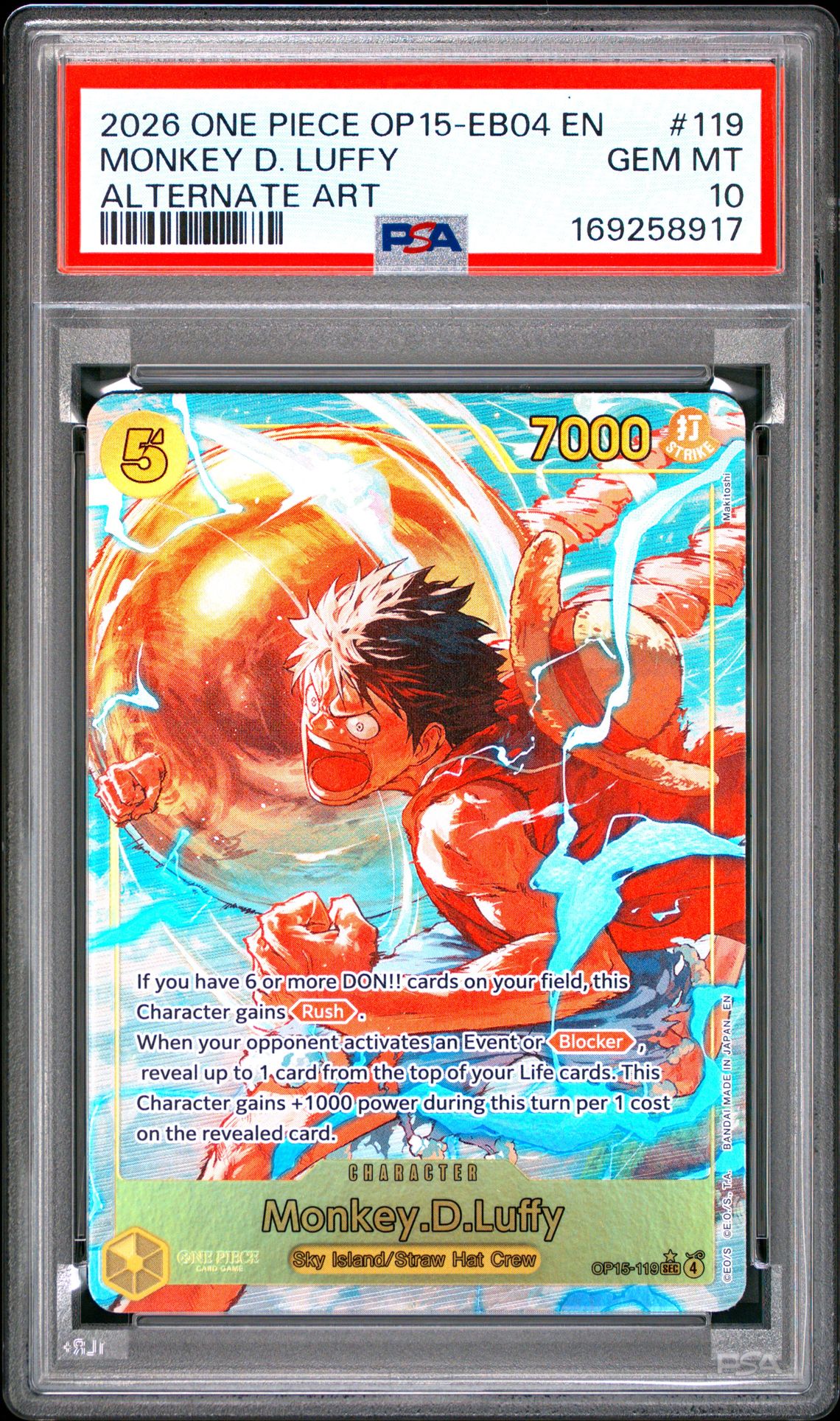 2026 One Piece Op15-Eb04-Adventure On Kami's Island Monkey D. Luffy #119 (Alternate Art) Gem Mt 10 front view - PSA graded GEM MT 10