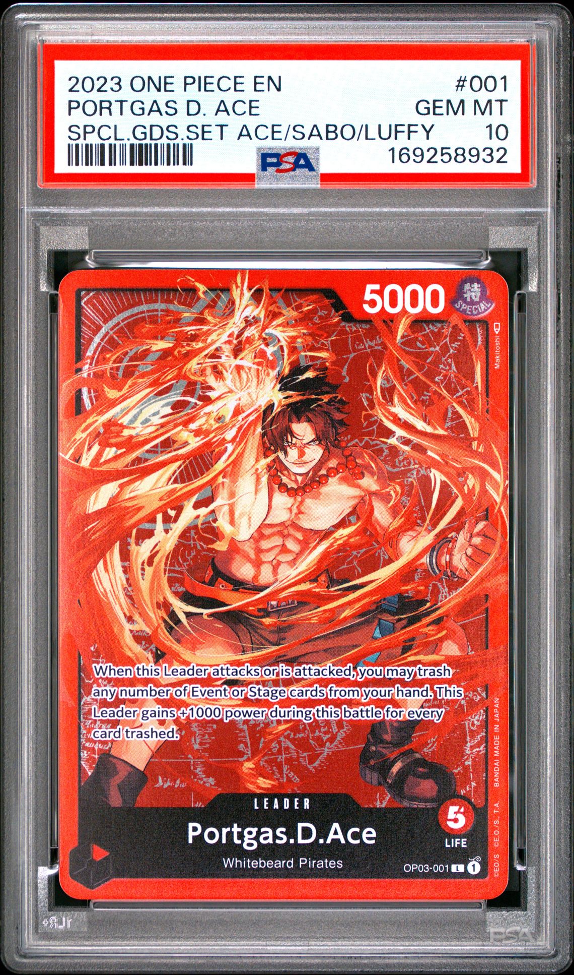 2023 One Piece Promos Portgas D. Ace #001 (Spcl.gds.set Ace/Sabo/Luffy) Gem Mt 10 front