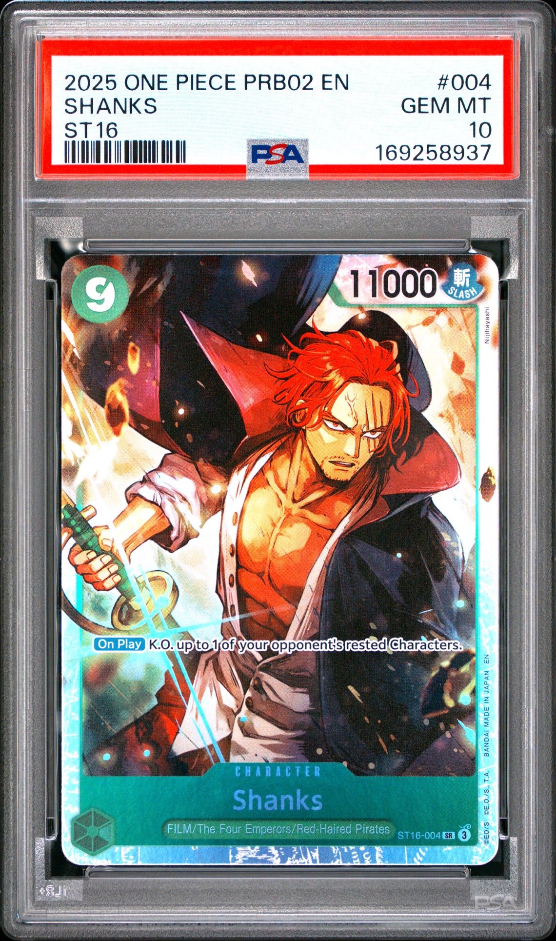2025 One Piece Prb02-Premium Booster -One Piece Card The Best- Vol.2 Shanks #004 (St16) Gem Mt 10 front view - PSA graded GEM MT 10