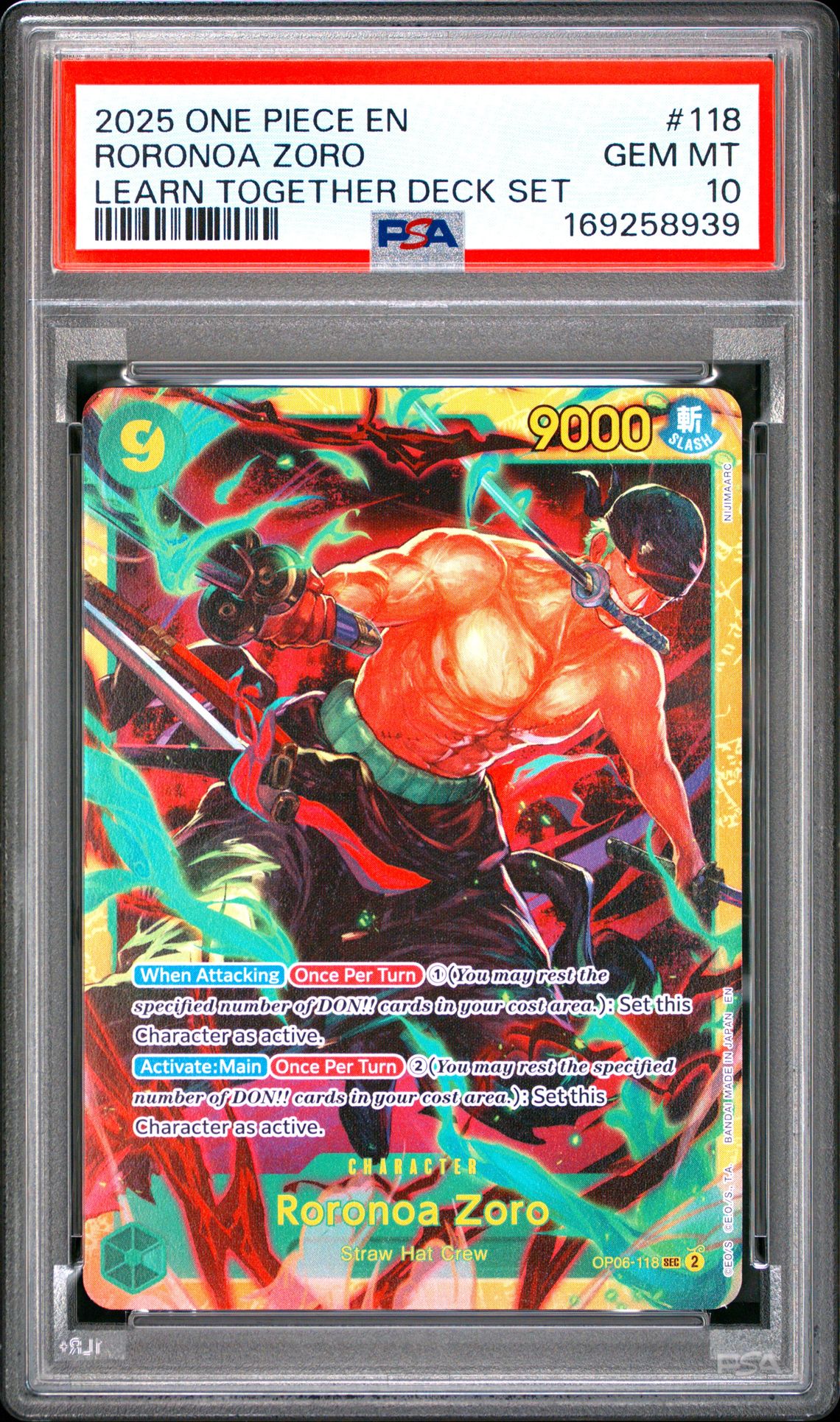 2025 One Piece Learn Together Deck Set Roronoa Zoro #118 Gem Mt 10 front view - PSA graded GEM MT 10