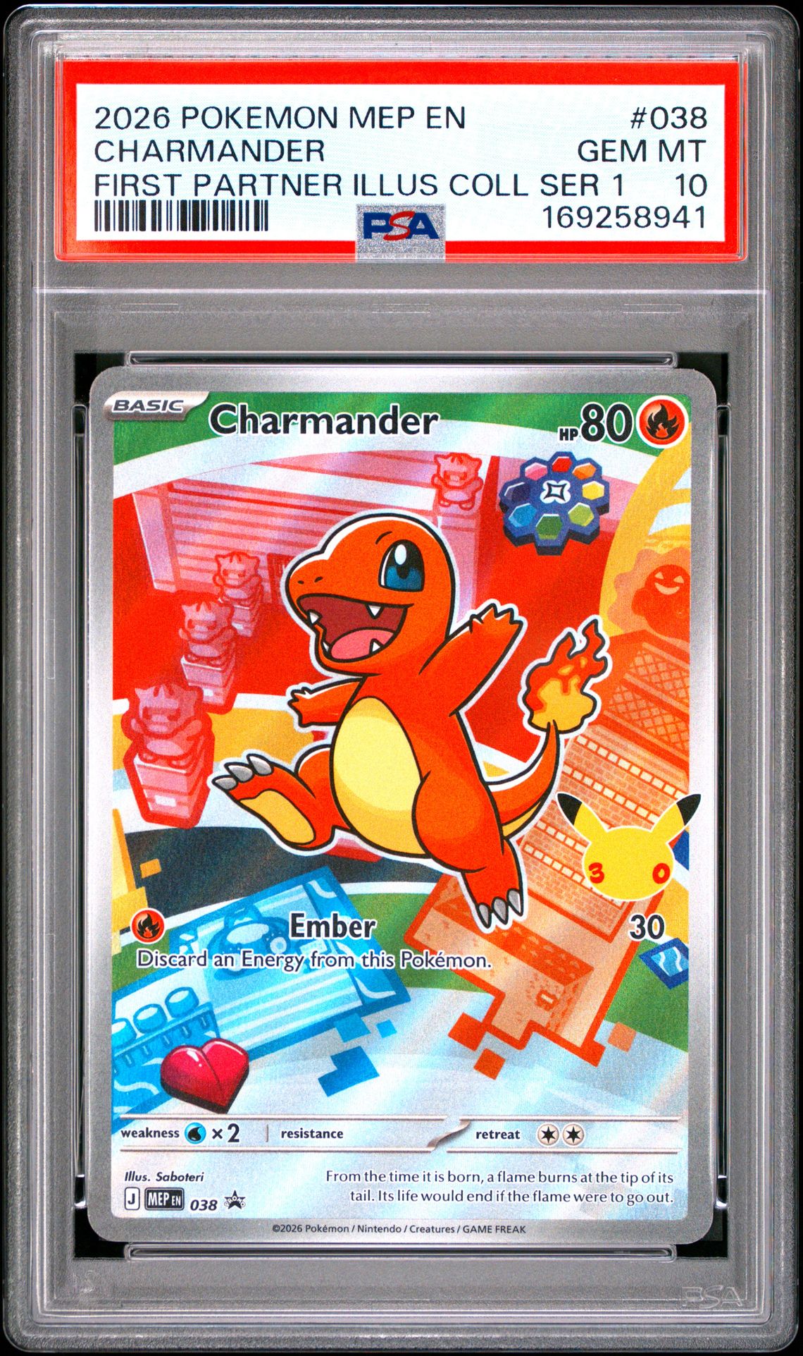 2026 Pokemon Mep En-Me Black Star Promo Charmander #038 (First Partner Illus Coll Ser 1) Gem Mt 10 front view - PSA graded GEM MT 10