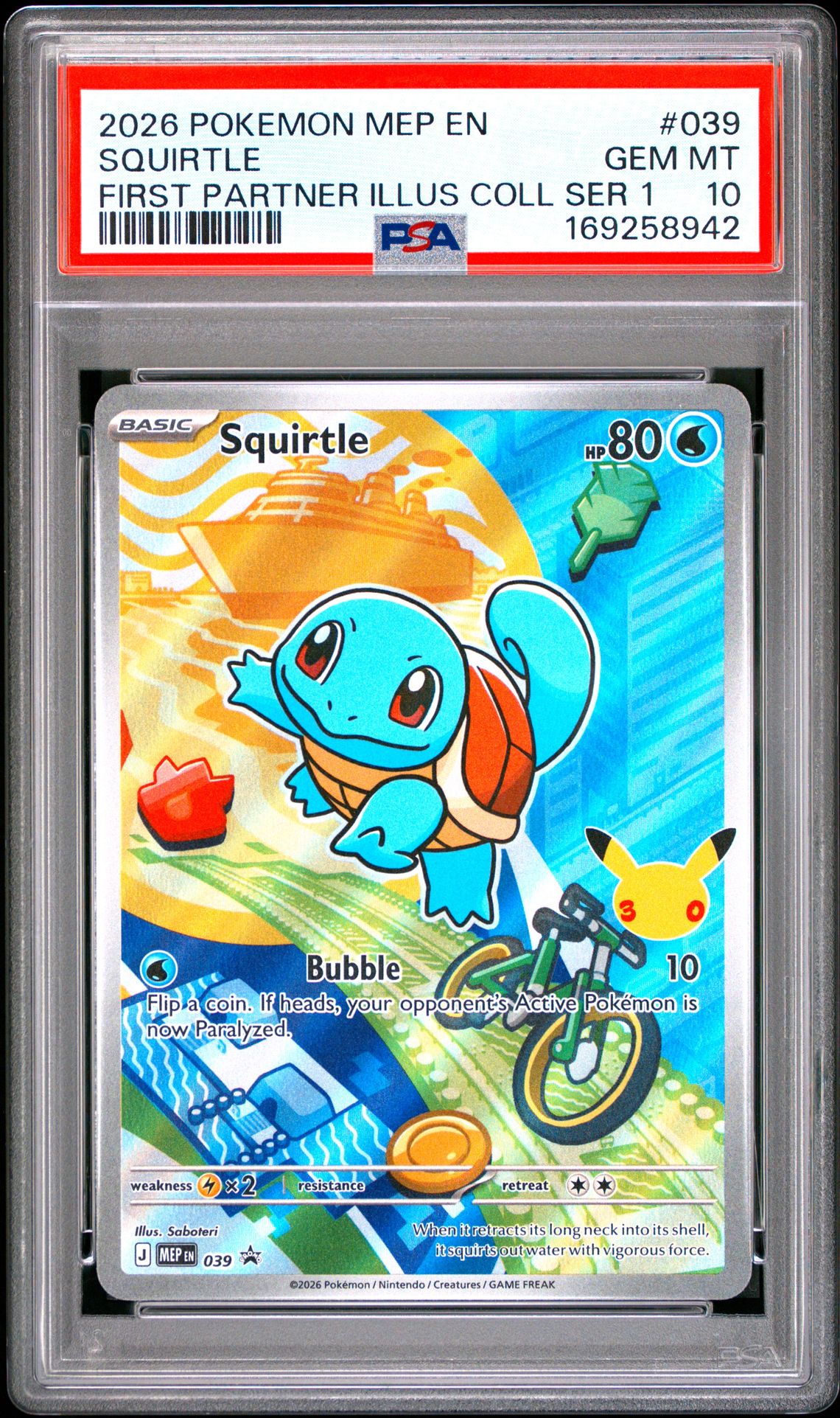 2026 Pokemon Mep En-Me Black Star Promo Squirtle #039 (First Partner Illus Coll Ser 1) Gem Mt 10 front view - PSA graded GEM MT 10