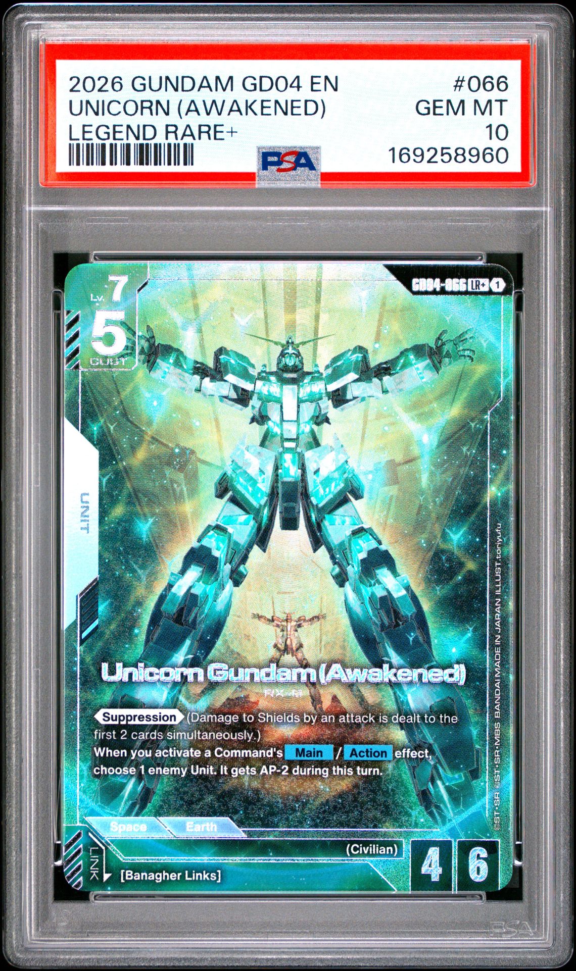 2026 Gundam Gd04-Phantom Aria Unicorn (Awakened) #066 (Legend Rare+) Gem Mt 10 front view - PSA graded GEM MT 10