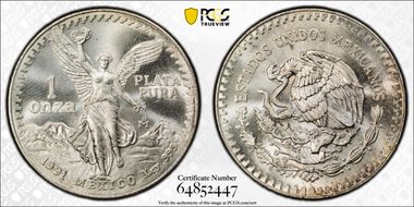 1991-Mo Onza Libertad Ag PLATA PURA MS68