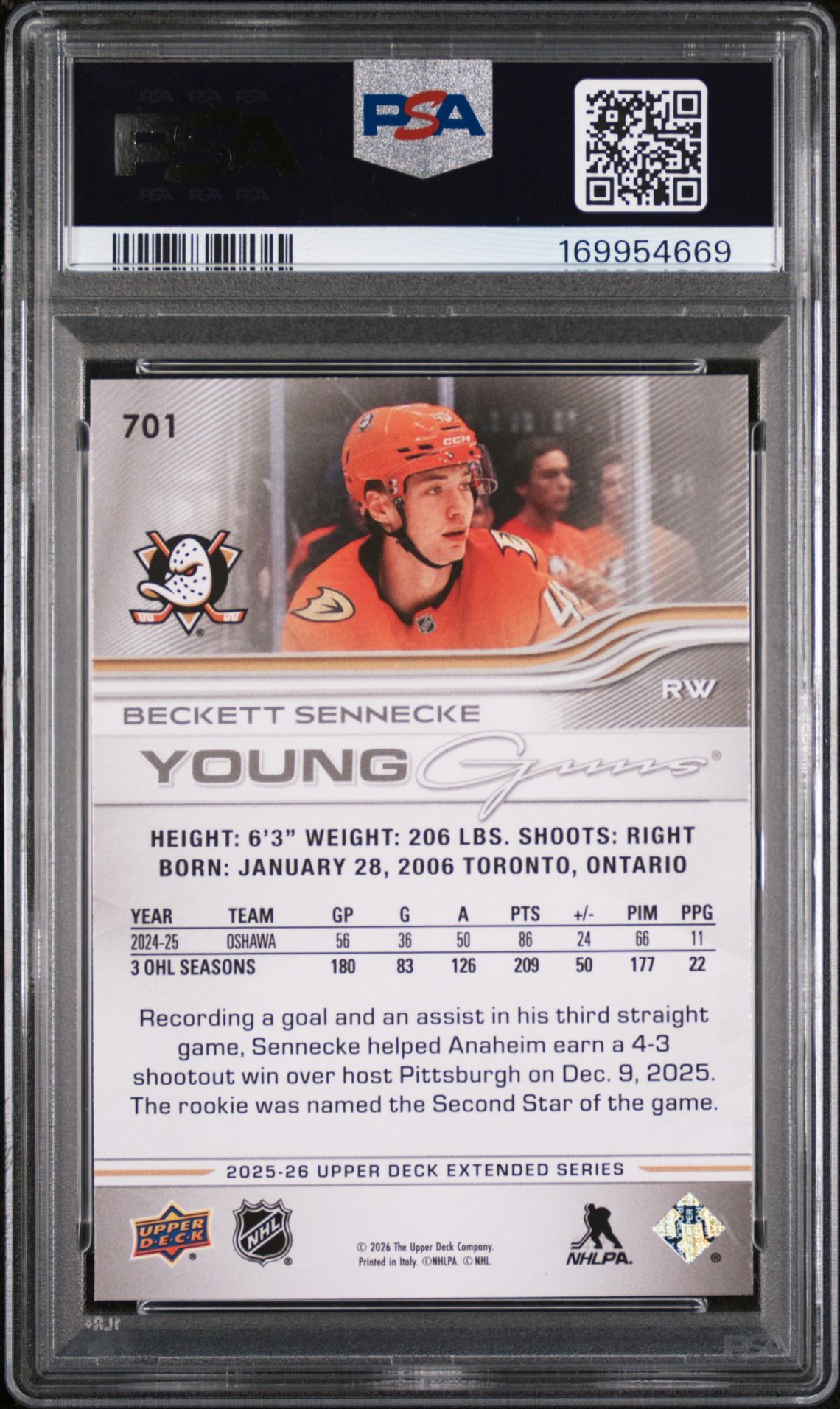 2025 Upper Deck Beckett Sennecke #701 Mint 9 back