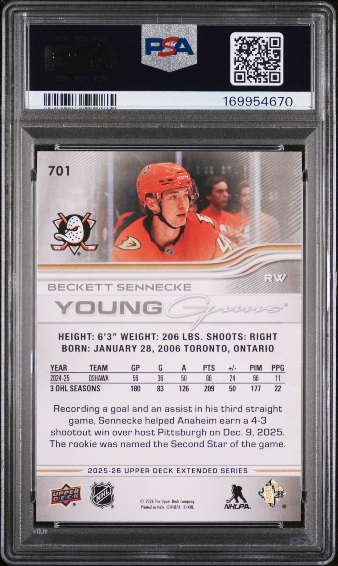2025 Upper Deck Beckett Sennecke #701 Mint 9 back