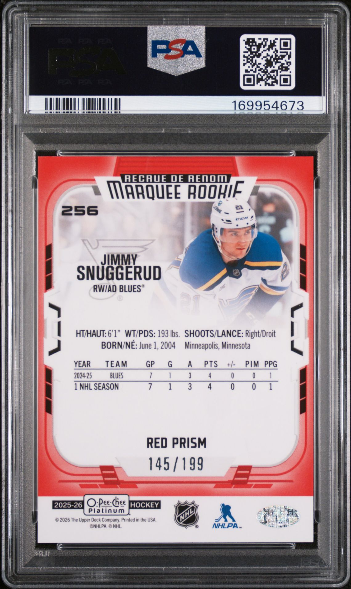 2025 Upper Deck O-Pee-Chee Platinum Jimmy Snuggerud #256 (Red Prism) Mint 9 back