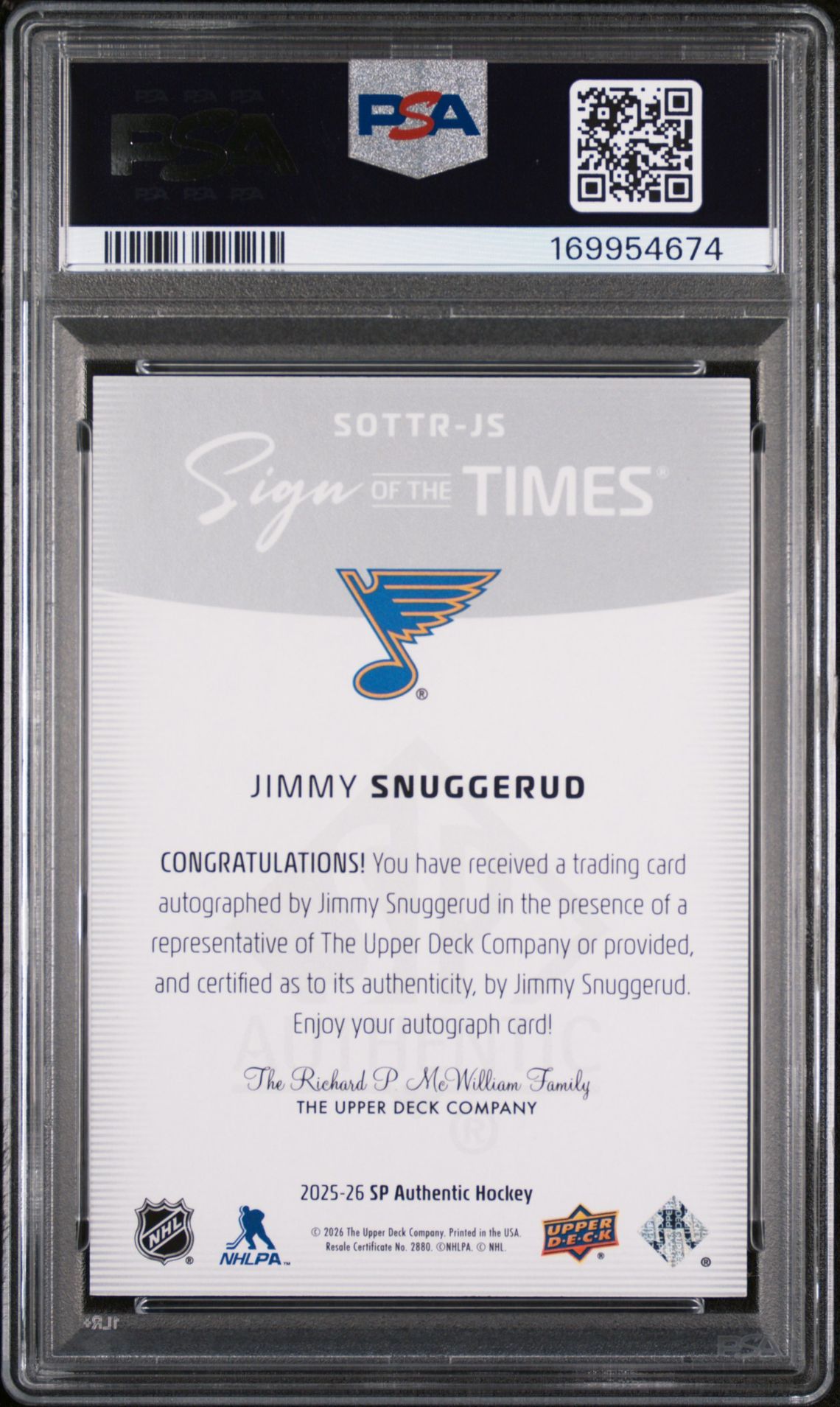 2025 Upper Deck Sp Authentic Sign Of The Times Rookies Jimmy Snuggerud #Js Gem Mt 10 back