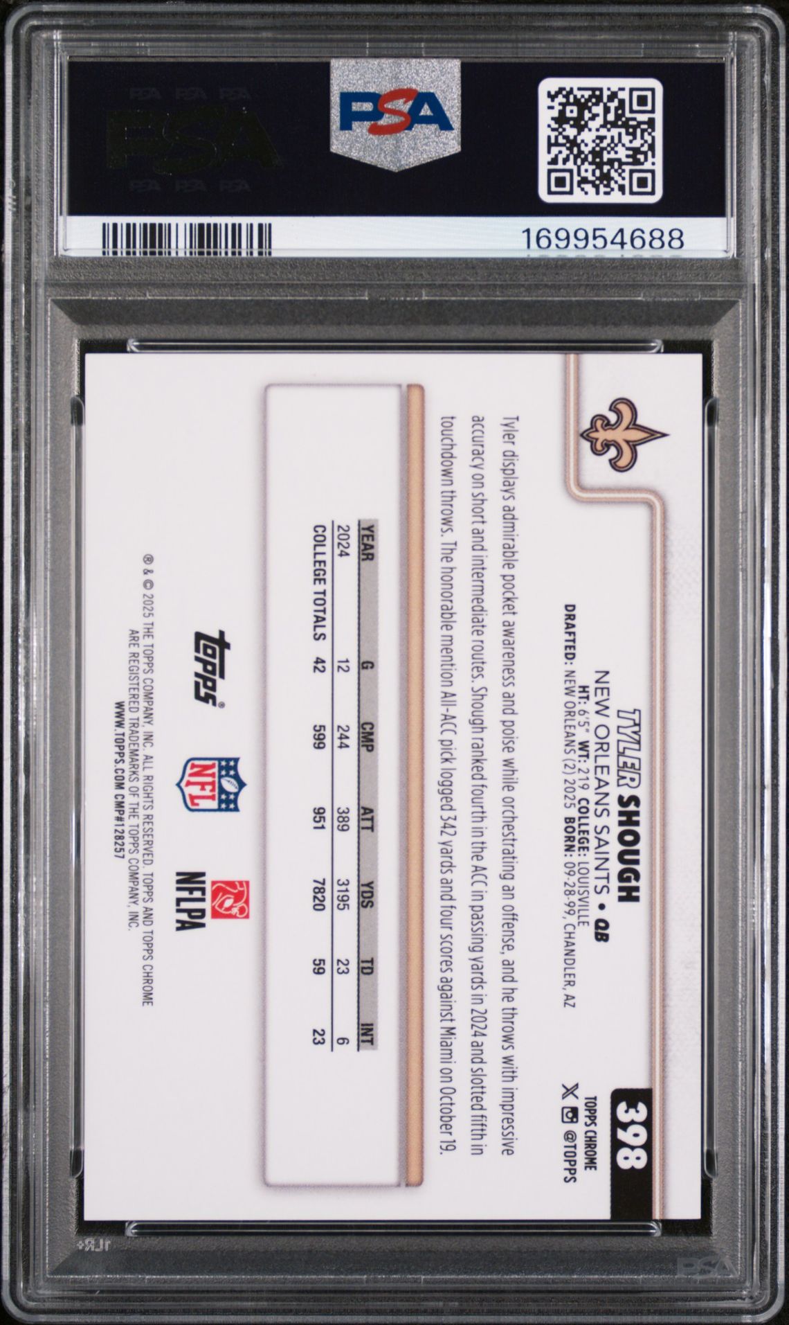 2025 Topps Chrome Tyler Shough #398 (Gold Wave) Mint 9 back