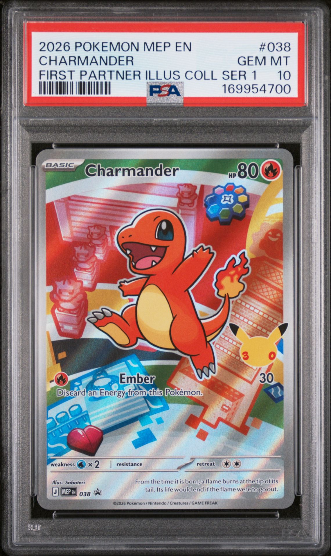 2026 Pokemon Mep En-Me Black Star Promo Charmander #038 (First Partner Illus Coll Ser 1) Gem Mt 10 front view - PSA graded GEM MT 10
