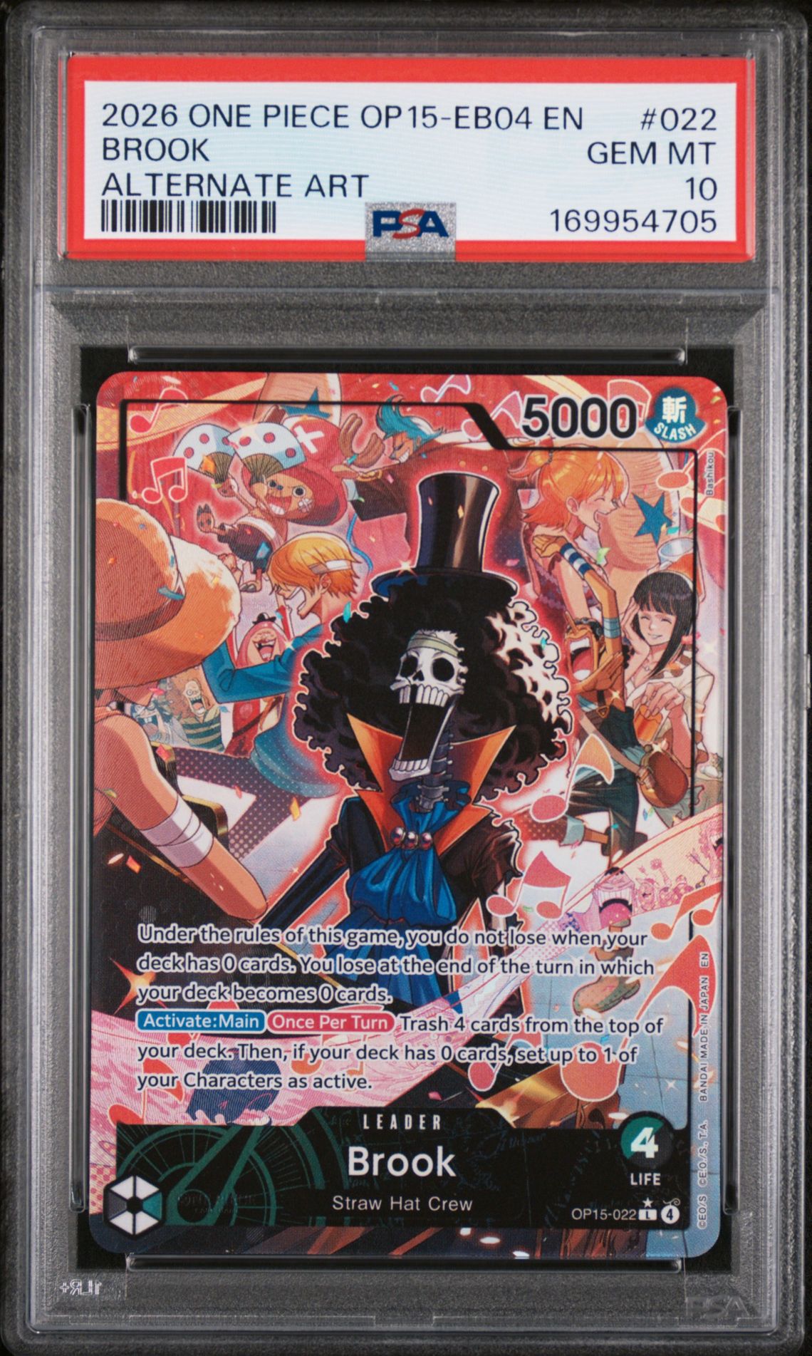 2026 One Piece Op15-Eb04-Adventure On Kami's Island Brook #022 (Alternate Art) Gem Mt 10 front view - PSA graded GEM MT 10