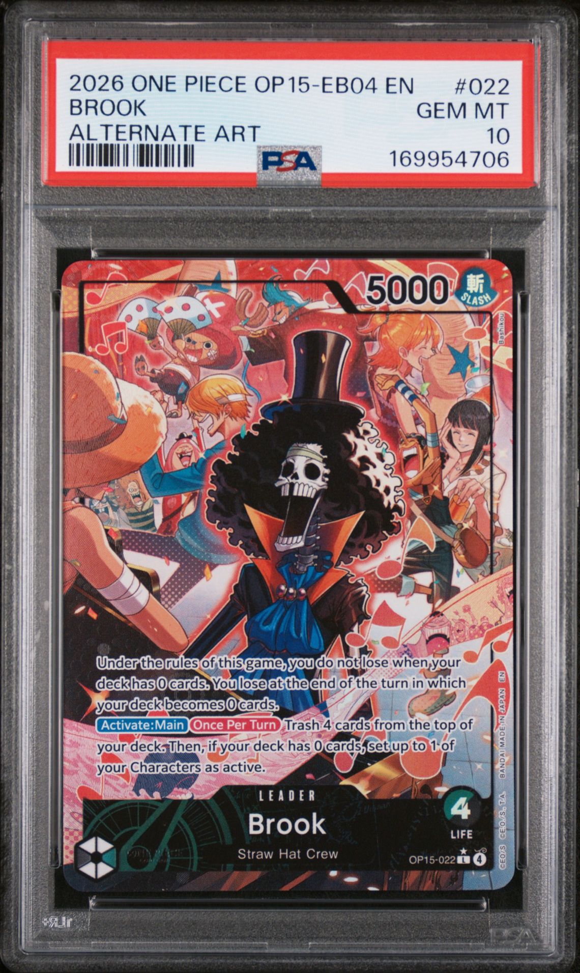 2026 One Piece Op15-Eb04-Adventure On Kami's Island Brook #022 (Alternate Art) Gem Mt 10 front view - PSA graded GEM MT 10