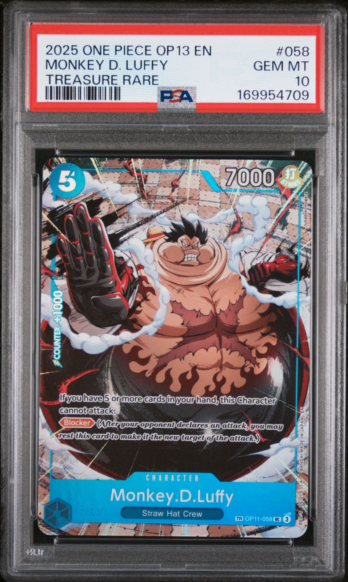 2025 One Piece Op13-Carrying On His Will Monkey D. Luffy #058 (Treasure Rare) Gem Mt 10 front view - PSA graded GEM MT 10