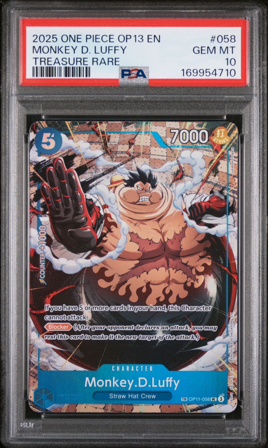2025 One Piece Op13-Carrying On His Will Monkey D. Luffy #058 (Treasure Rare) Gem Mt 10 front view - PSA graded GEM MT 10