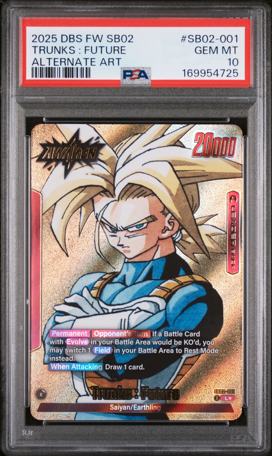 2025 Dragon Ball Super Card Game Fusion World Manga Booster 02 Trunks : Future #Sb02-001 (Alternate Art) Gem Mt 10 front view - PSA graded GEM MT 10