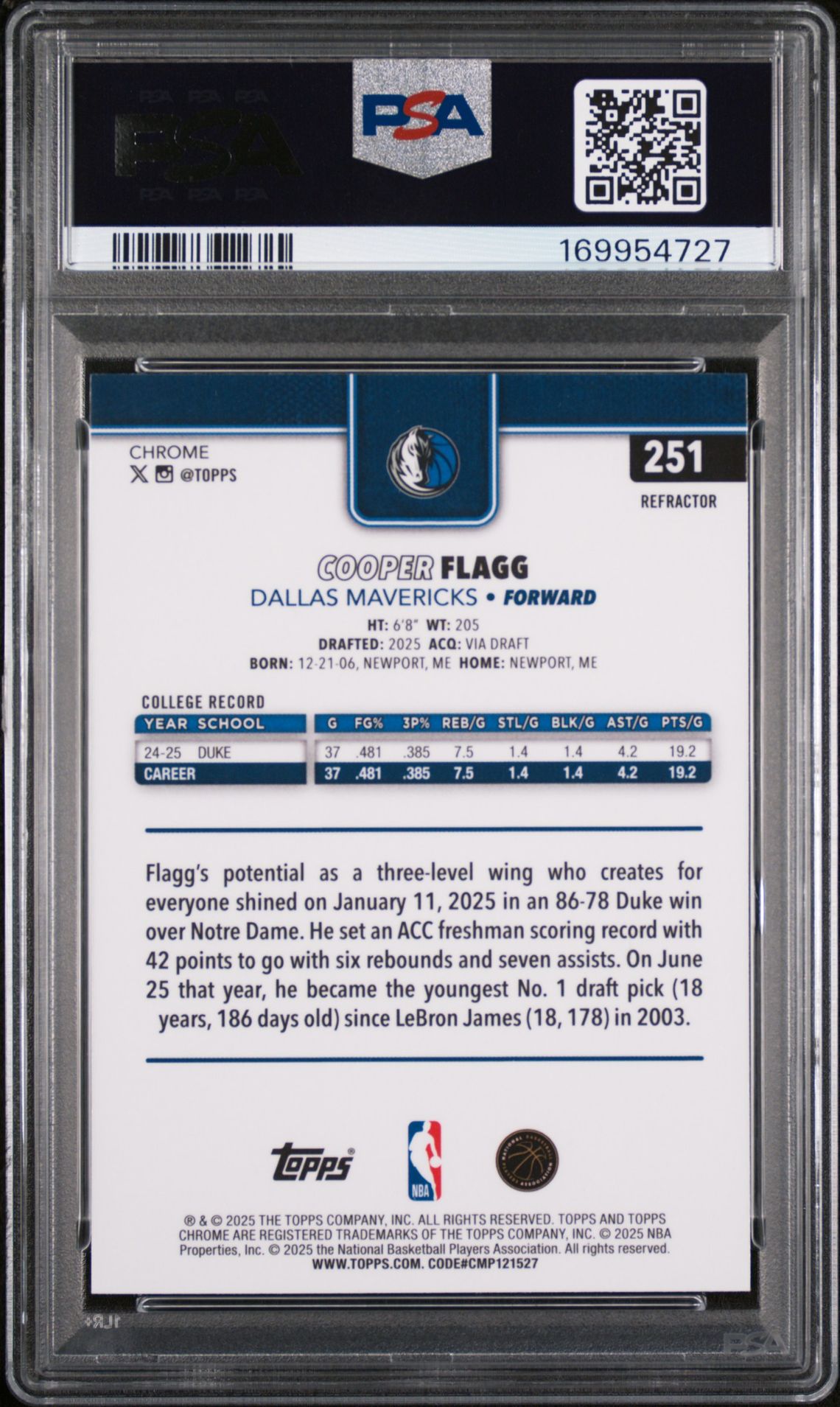 2025 Topps Chrome Cooper Flagg #251 (Refractor) Nm 7 back