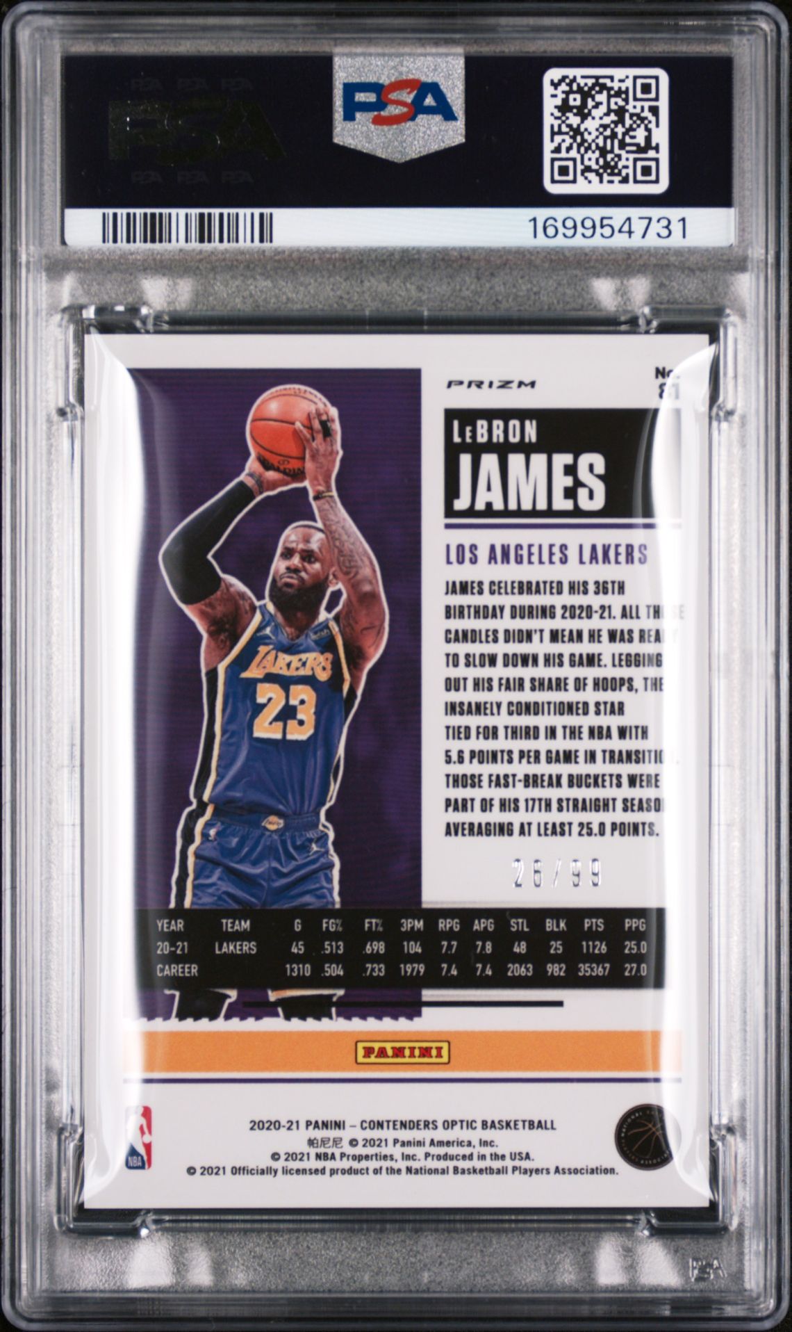2020 Panini Contenders Optic Lebron James #81 (Blue) Mint 9 back