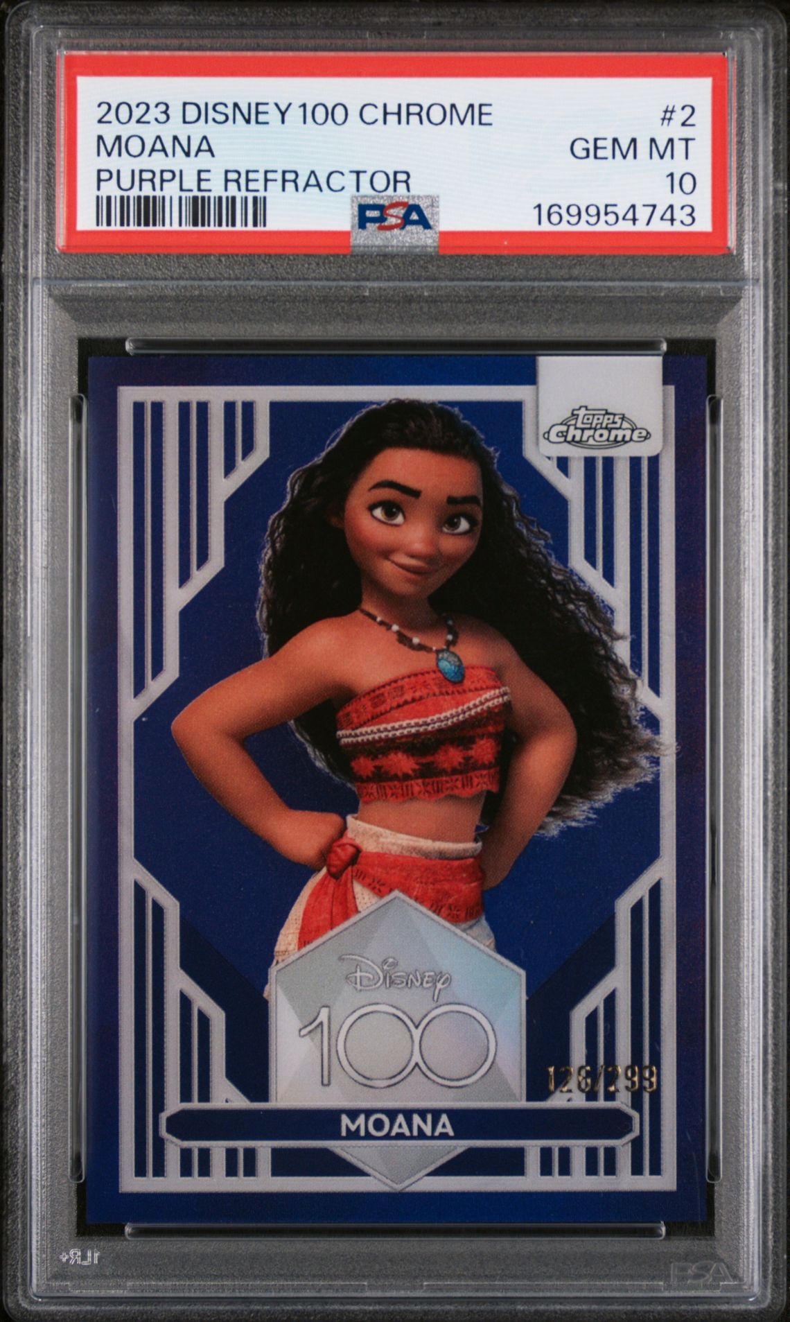 2023 Topps Chrome Disney100 Moana #2 (Purple Refractor) Gem Mt 10 front view - PSA graded GEM MT 10