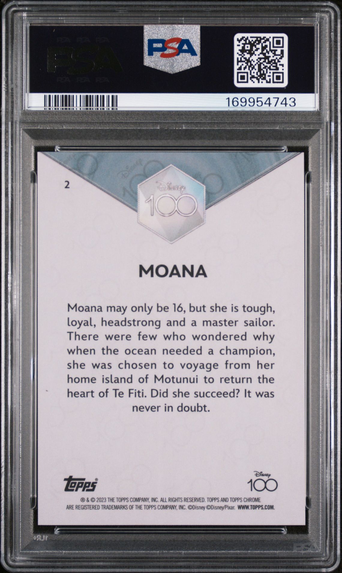 2023 Topps Chrome Disney100 Moana #2 (Purple Refractor) Gem Mt 10 back view - PSA certificate #169954743