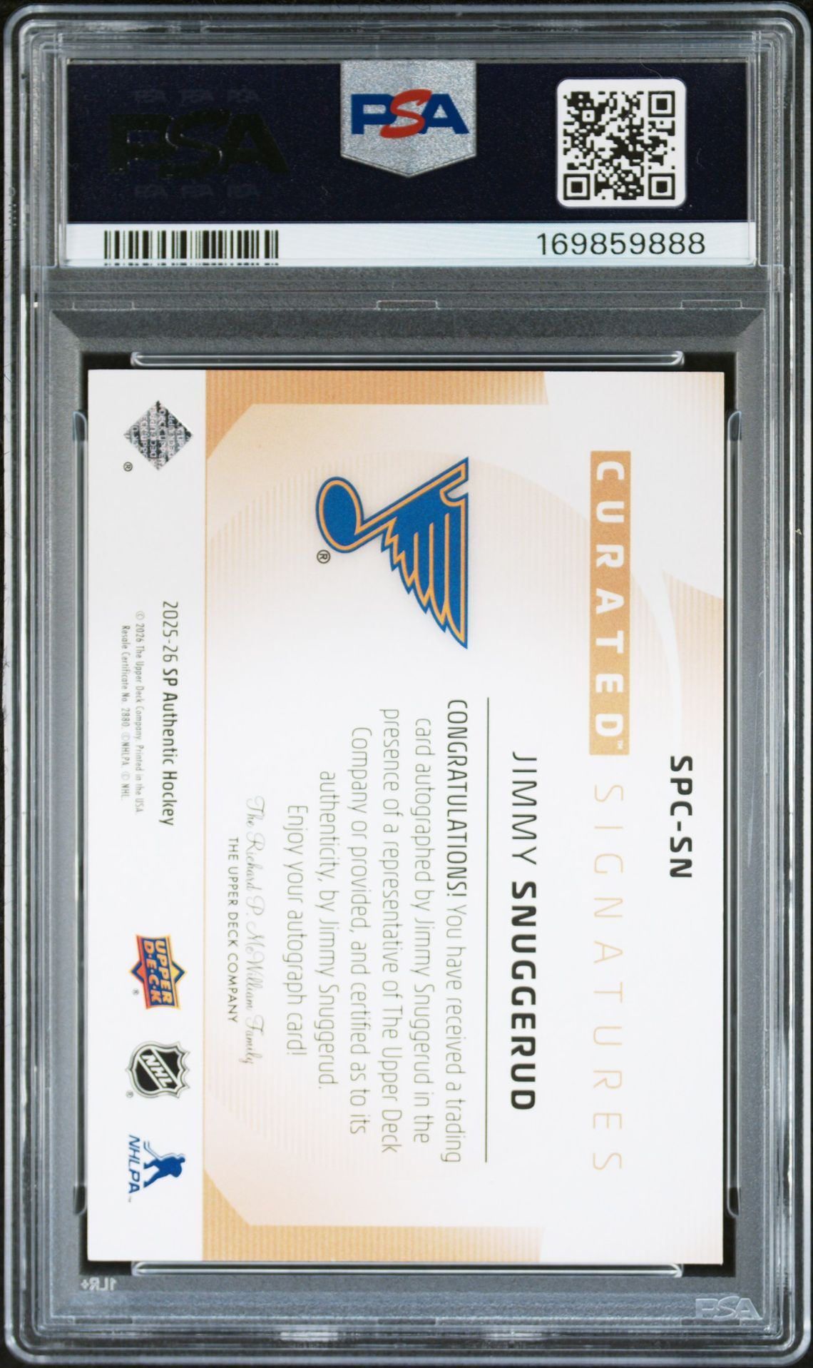 2025 Upper Deck Sp Authentic Curated Signatures Jimmy Snuggerud #Sn Gem Mt 10 back view - PSA certificate #169859888