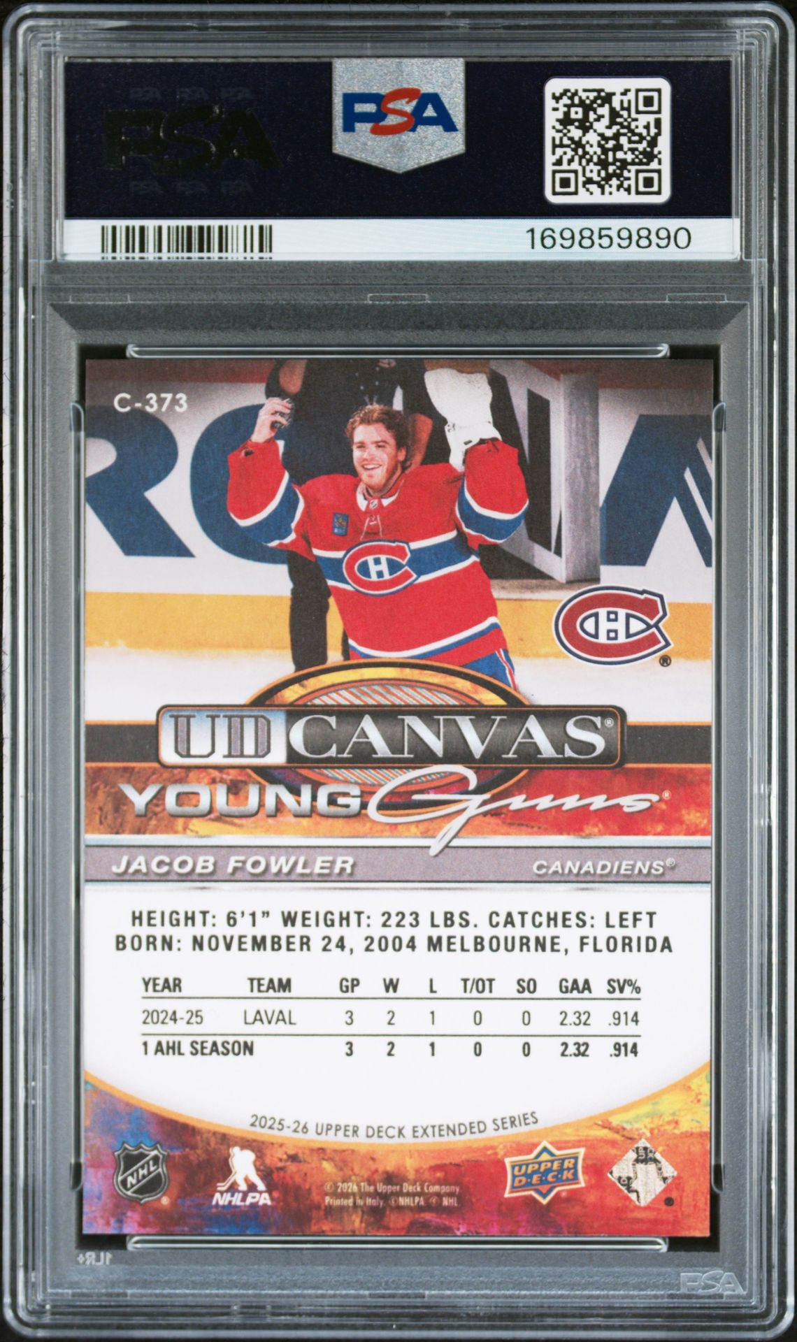 2025 Upper Deck Ud Canvas Jacob Fowler #C-373 Gem Mt 10 back view - PSA certificate #169859890