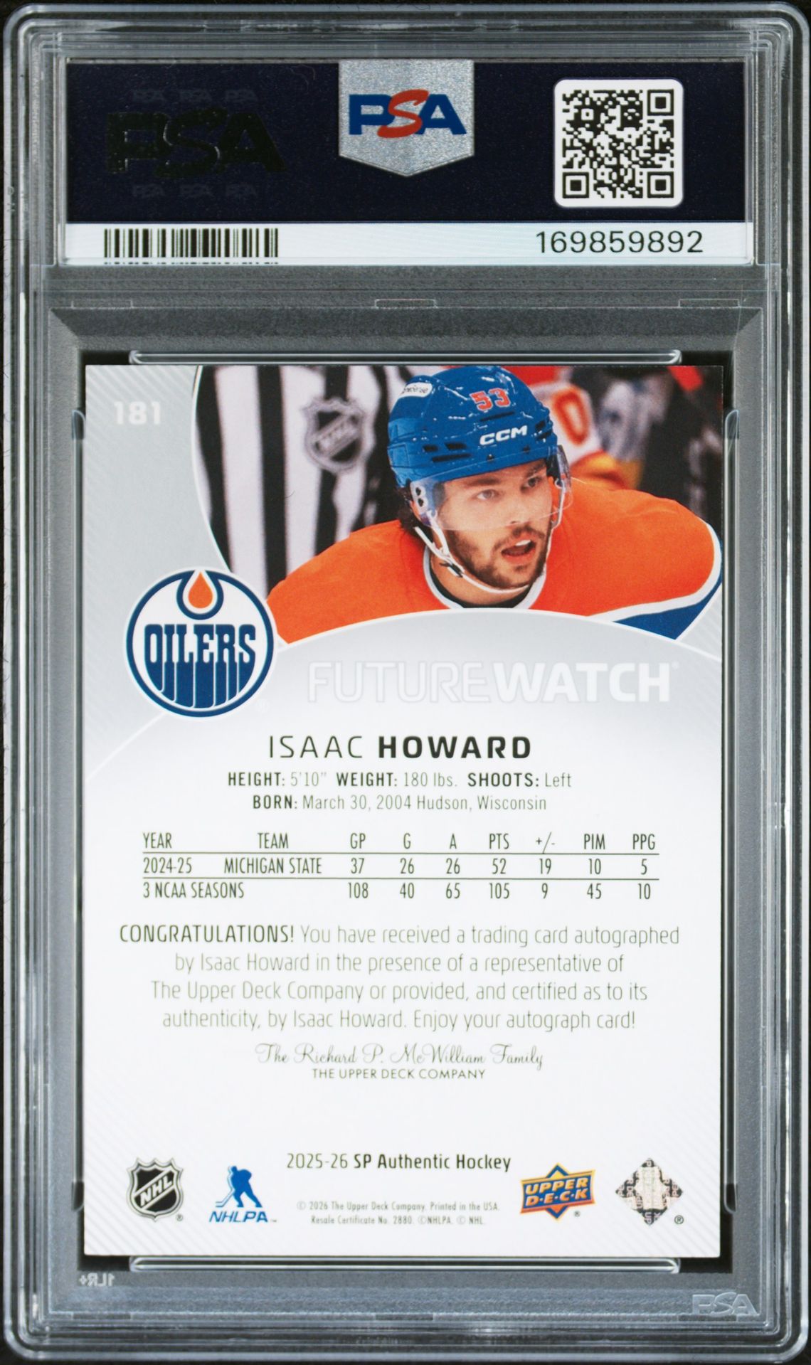 2025 Upper Deck Sp Authentic Isaac Howard #181 (Autograph) Gem Mt 10 back view - PSA certificate #169859892