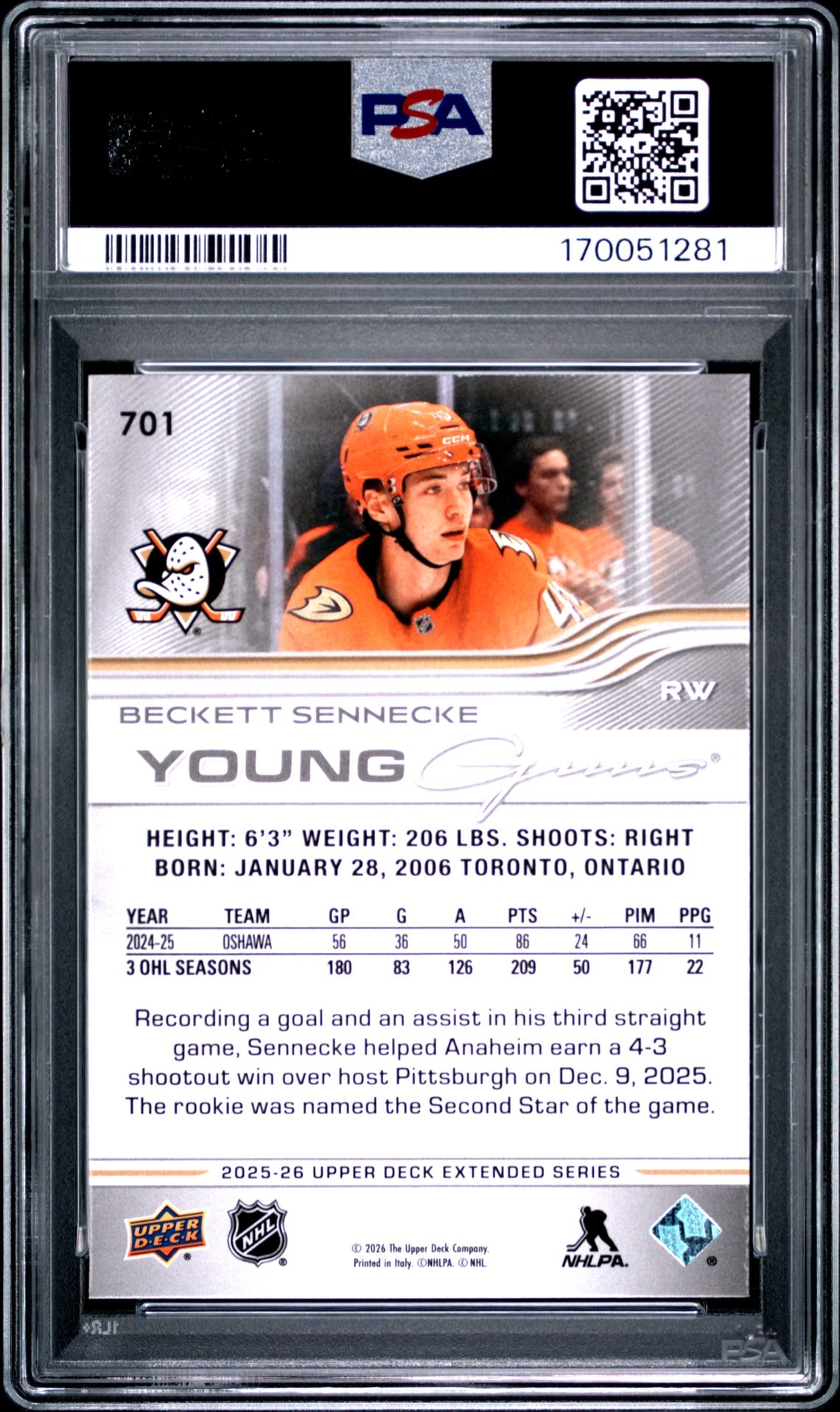 2025 Upper Deck Beckett Sennecke #701 Mint 9 back