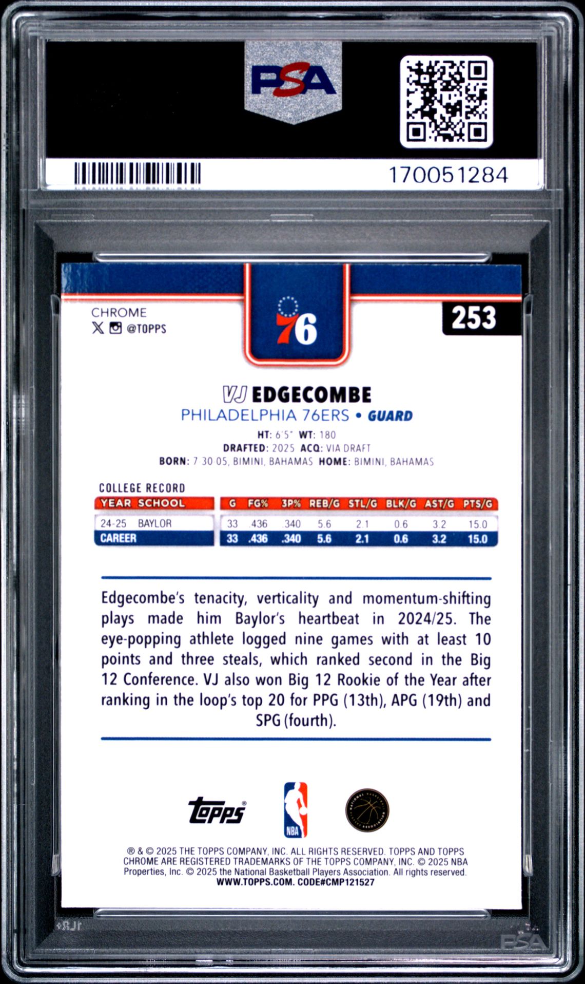 2025 Topps Chrome Vj Edgecombe #253 (Prism Refractor) Nm-Mt 8 back