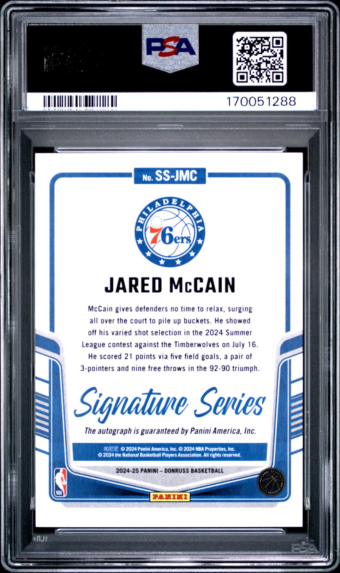 2024 Panini Donruss Signature Series Jared Mccain #Ssjmc (Sig Series-Holo Green Laser) Gem Mt 10 back view - PSA certificate #170051288