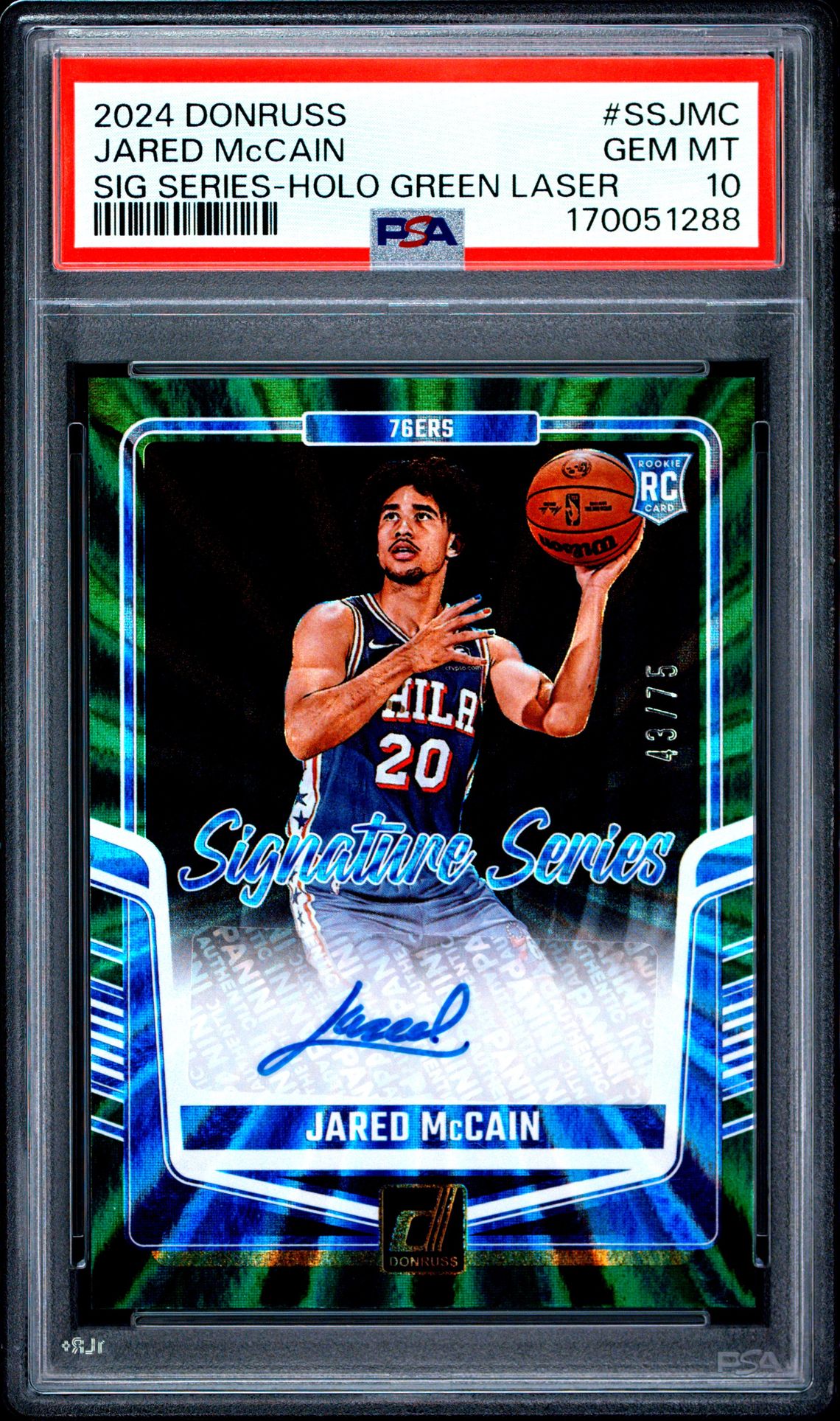 2024 Panini Donruss Signature Series Jared Mccain #Ssjmc (Sig Series-Holo Green Laser) Gem Mt 10 front view - PSA graded GEM MT 10
