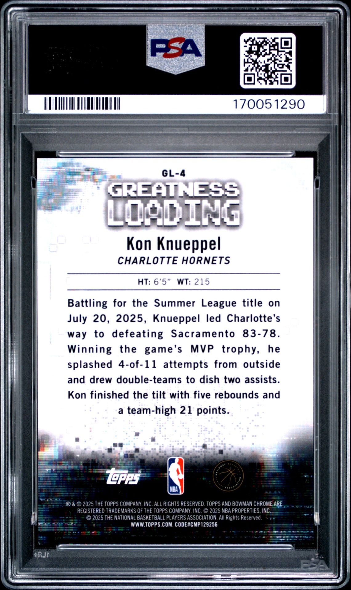 2025 Bowman Chrome Greatness Loading Kon Knueppel #Gl-4 (Grt Loading-Mini Diamond) Gem Mt 10 back