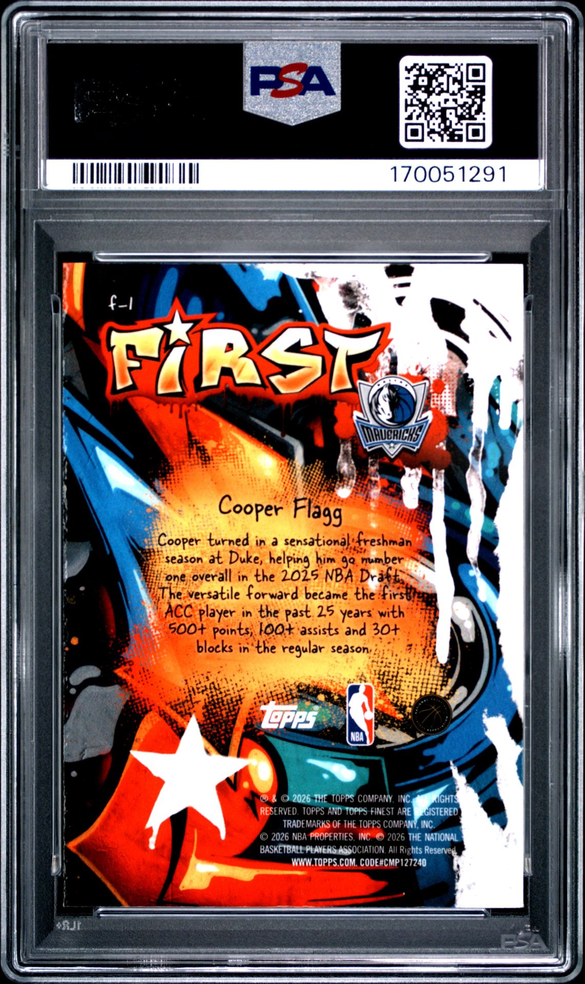 2025 Topps Finest First Cooper Flagg #F-1 (First-X-Fractor) Gem Mt 10 back
