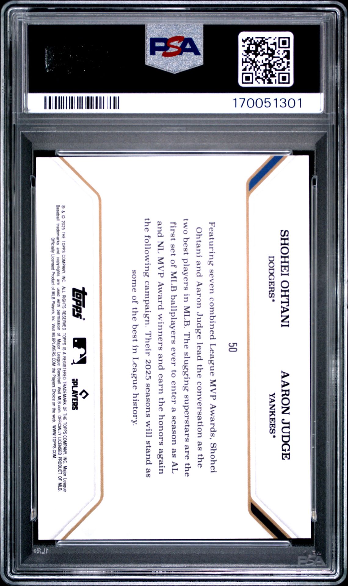2025 Topps Mlb Mvp Collection Ohtani/Judge #50 (Blue Foil) Nm-Mt 8 back