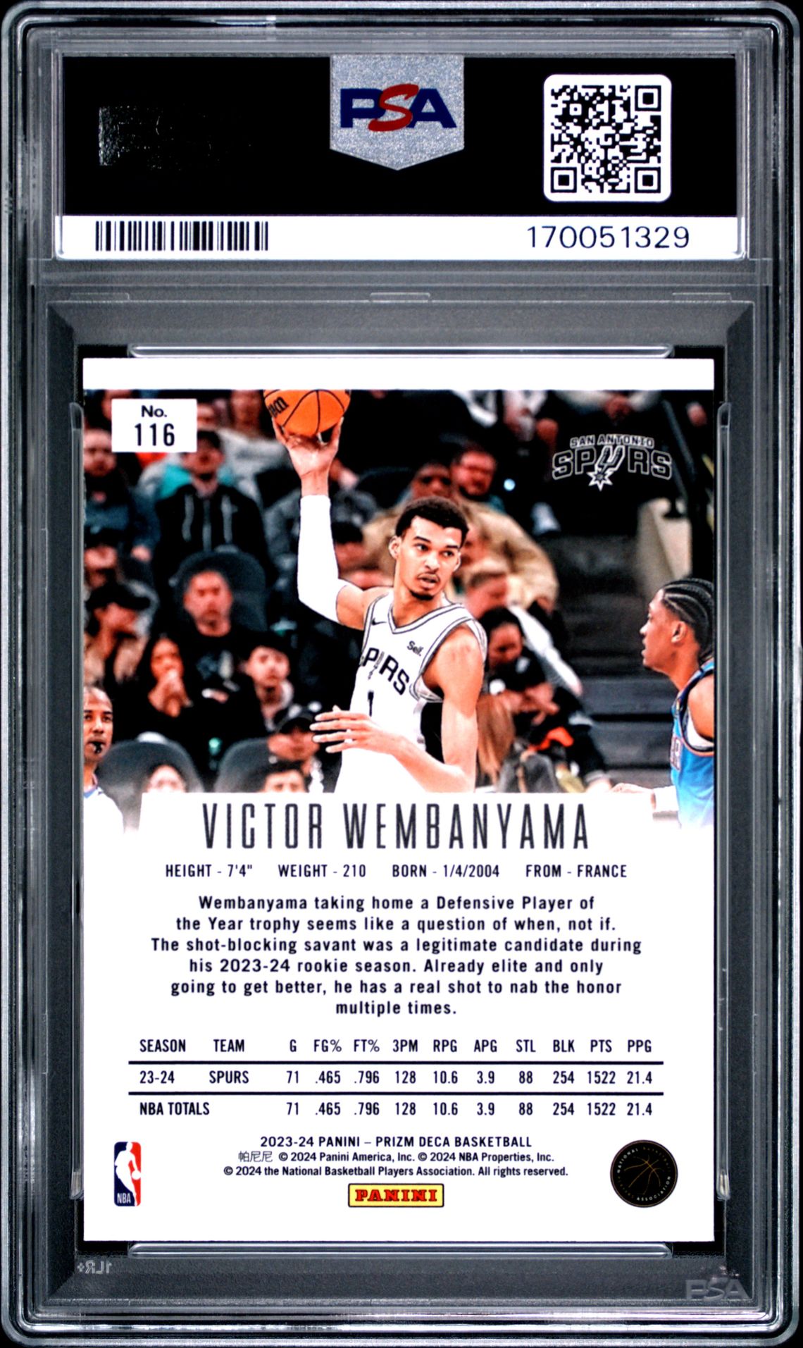 2023 Panini Prizm Deca Victor Wembanyama #116 Gem Mt 10 back