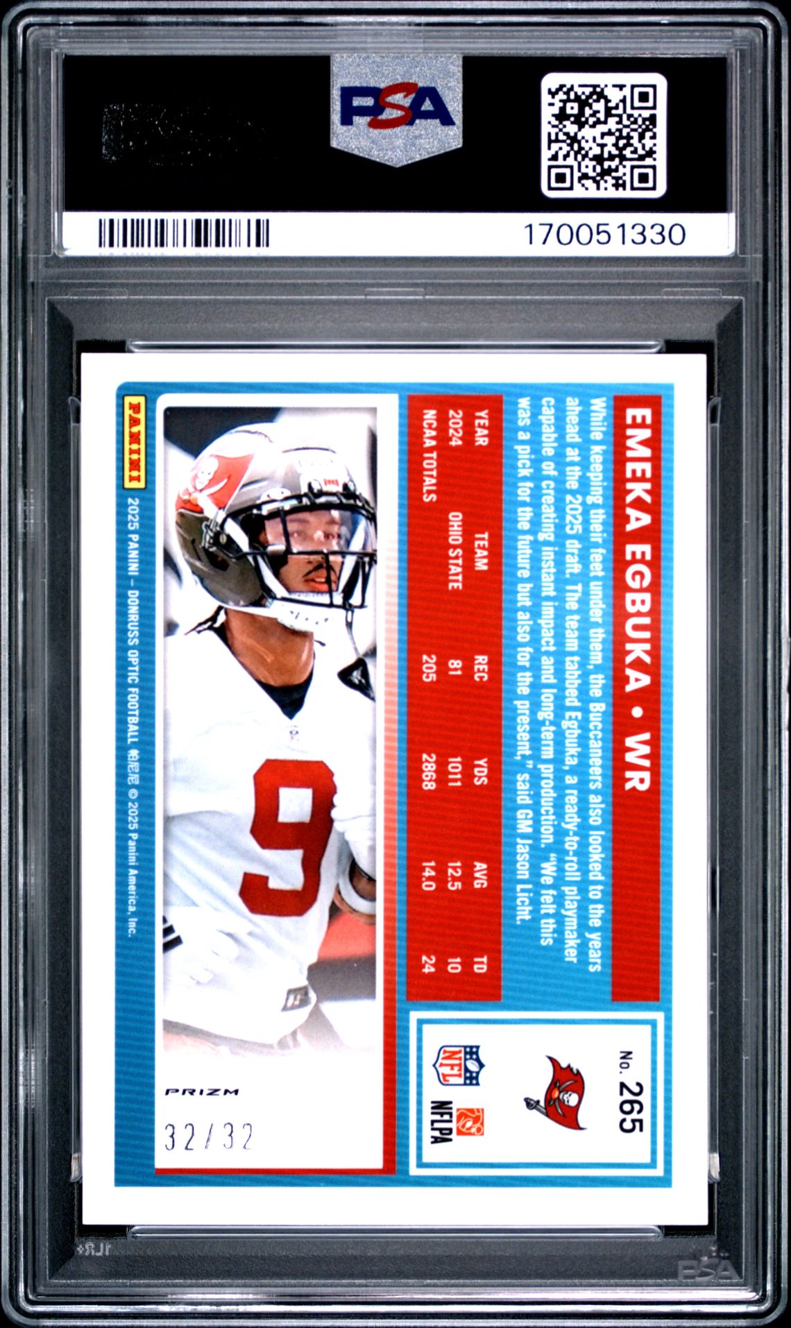 2025 Panini Donruss Optic Emeka Egbuka #265 (Team Logo) Gem Mt 10 back