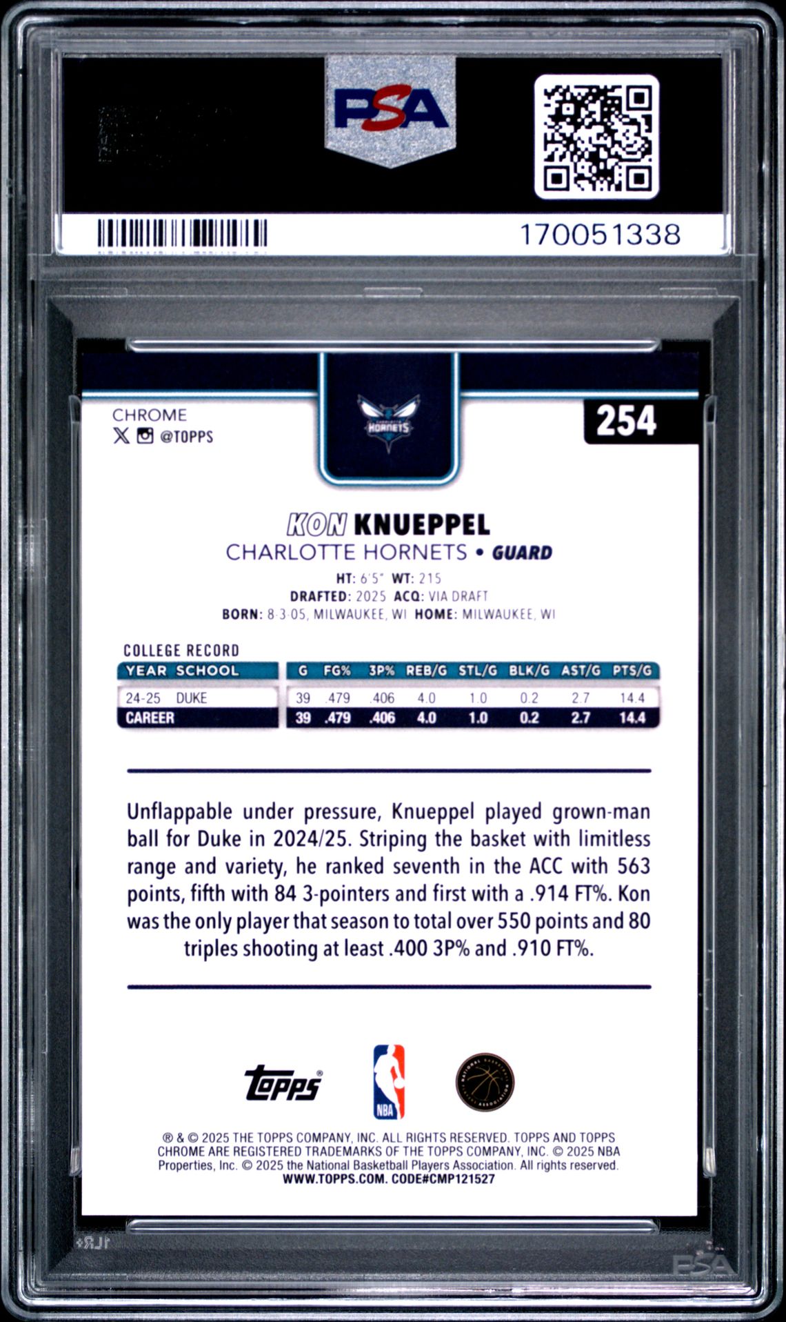 2025 Topps Chrome Kon Knueppel #254 (Blue X-Fractor) Mint 9 back
