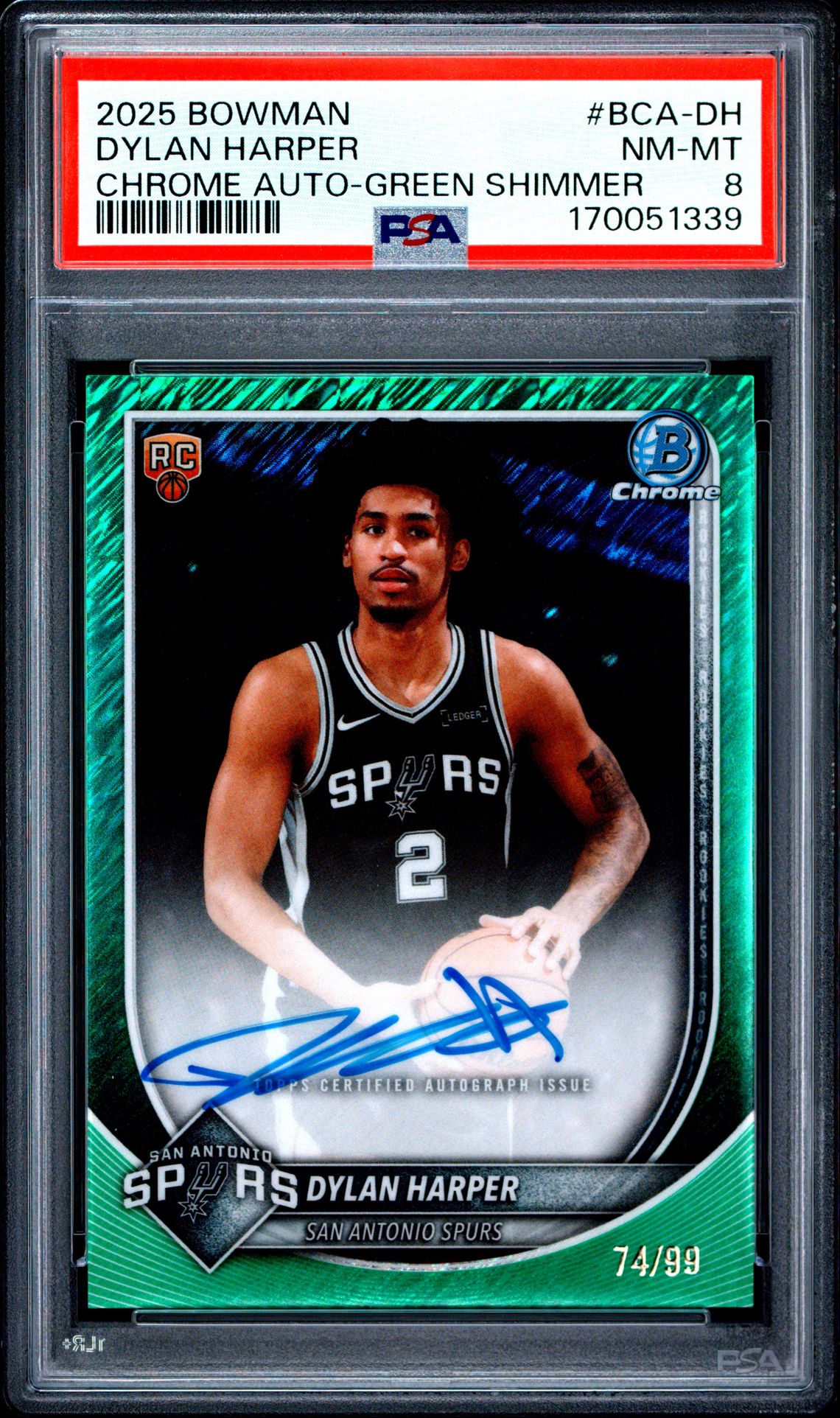 2025 Bowman Chrome Autographs Dylan Harper #Bca-Dh (Chrome Auto-Green Shimmer) Nm-Mt 8 front