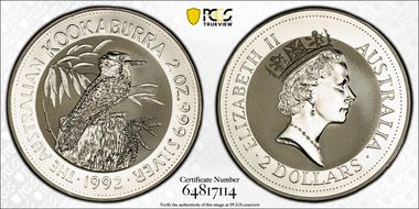 1992 $2 Kookaburra 2oz Ag MS69