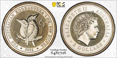2001 $2 Kookaburra 2oz Ag AU58
