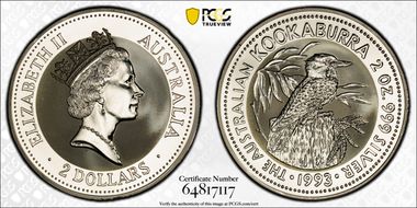 1993 $2 Kookaburra 2oz Ag MS69