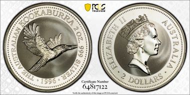 1996 $2 Kookaburra 2oz Ag MS68