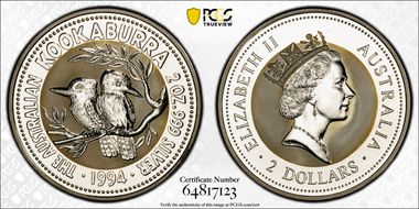 1994 $2 Kookaburra 2oz Ag MS67
