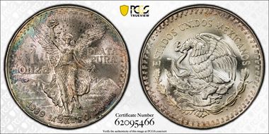 1989-Mo Onza Libertad Ag w/o Dot before 999 MS66