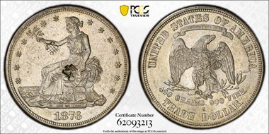 1876-S T$1 TDV-25, Type II/II, Large S Chopmarked N1